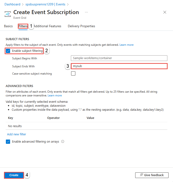 Skärmbild som visar sidan Filter för en händelseprenumeration.
