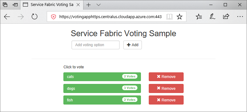 Skärmbild av appen Service Fabric Voting Sample som körs i ett webbläsarfönster med URL:en https://mycluster.region.cloudapp.azure.com:443.