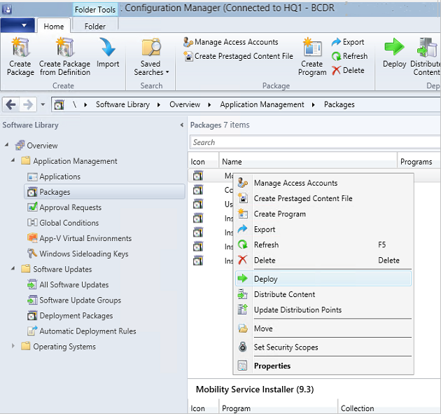 Skärmbild av Configuration Manager-konsolen som visar menyalternativet Distribuera.