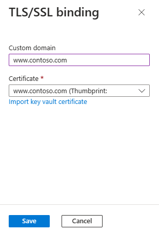 Skärmbild av Azure-portalen som visar TLS/SSL-bindningsfönstret.