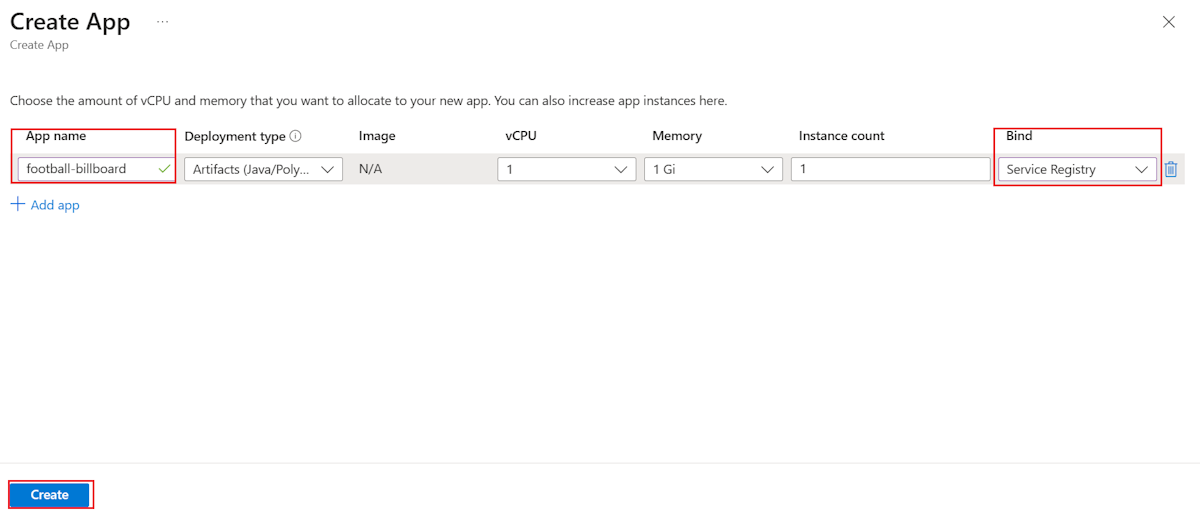 Skärmbild av Azure Portal som visar sidan Skapa app med fälten Appnamn och Bindning markerade.