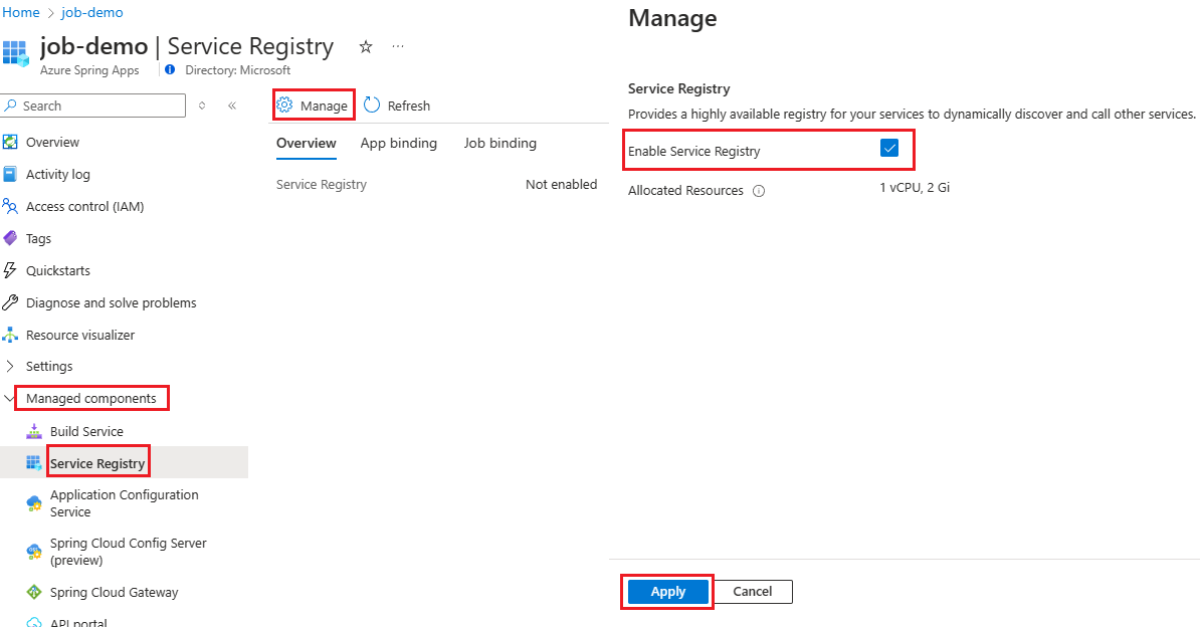 Skärmbild av Azure Portal som visar sidan Tjänstregister med fönstret Hantera öppet och alternativet Aktivera tjänstregister markerat.
