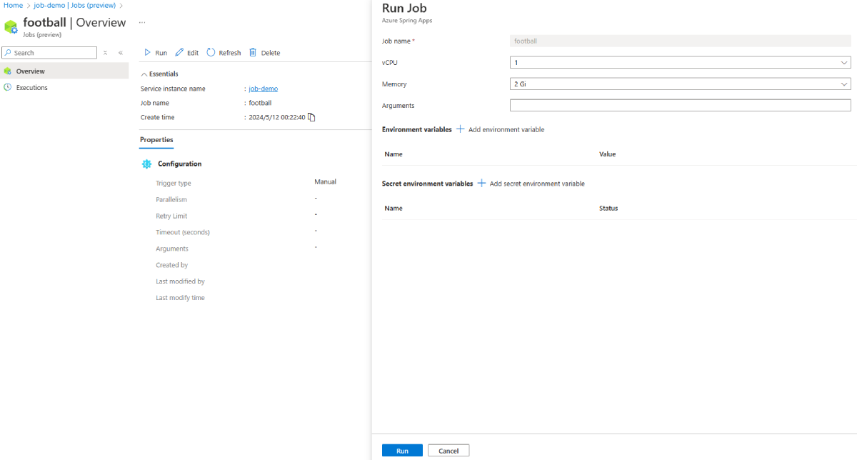 Skärmbild av Azure Portal som visar översiktssidan Jobb (förhandsversion) med fönstret Kör jobb öppet.