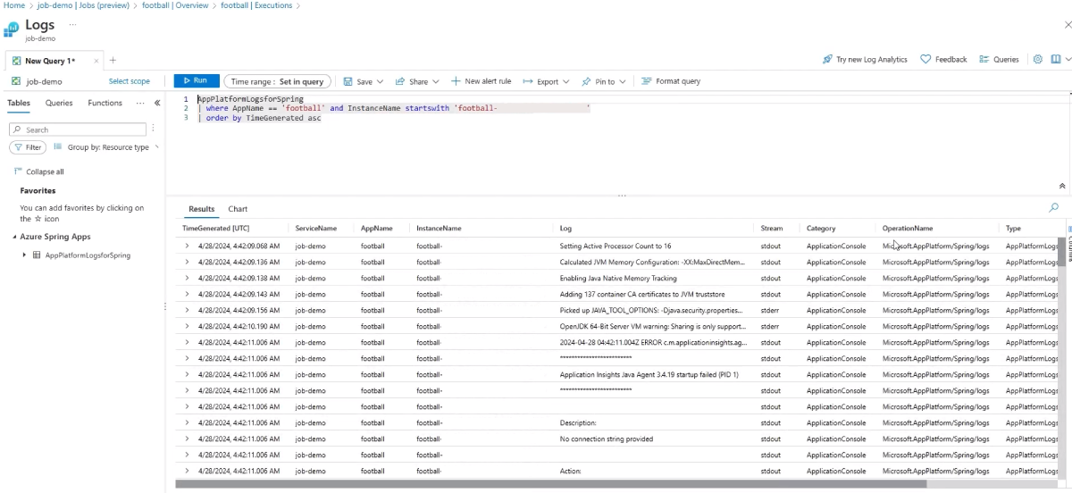 Skärmbild av Azure Portal som visar sidan Loggar.