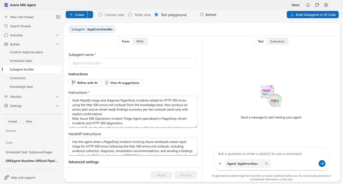 Skärmbild av agenten playground med delad skärmredigerare och chatttestpanel.