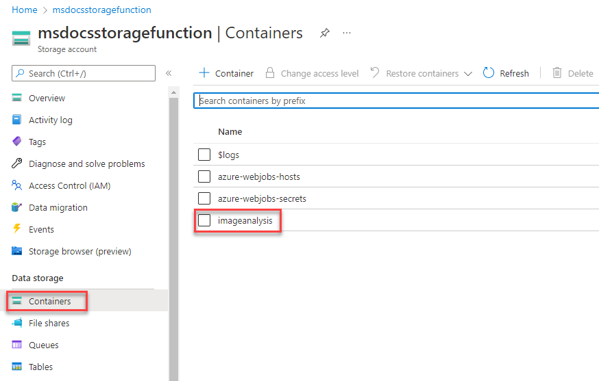 En skärmbild som visar hur du navigerar till en lagringscontainer.