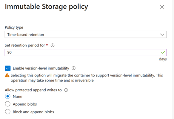 Skärmbild som visar hur du migrerar en befintlig container för att stödja oföränderlighet på versionsnivå