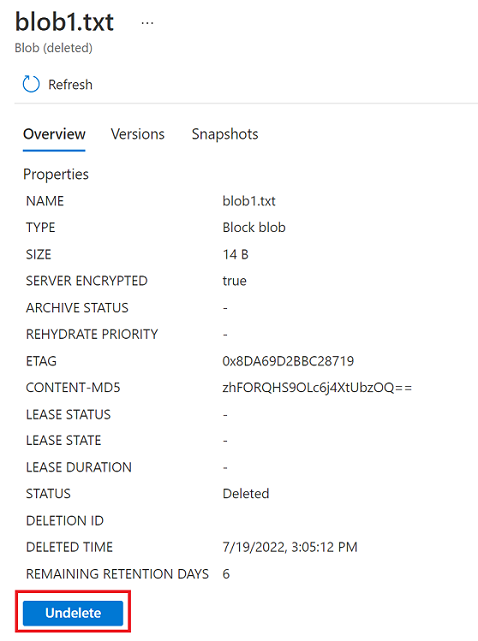 Skärmbild som visar hur du återställer en mjuk borttagen blob i Azure-portalen