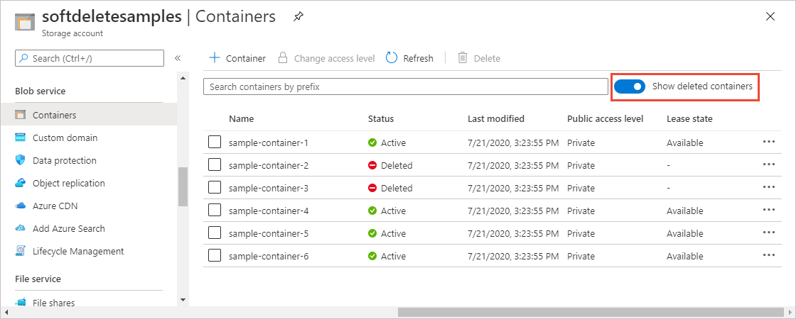 Skärmbild som visar hur du visar mjukt borttagna containrar i Azure Portal.