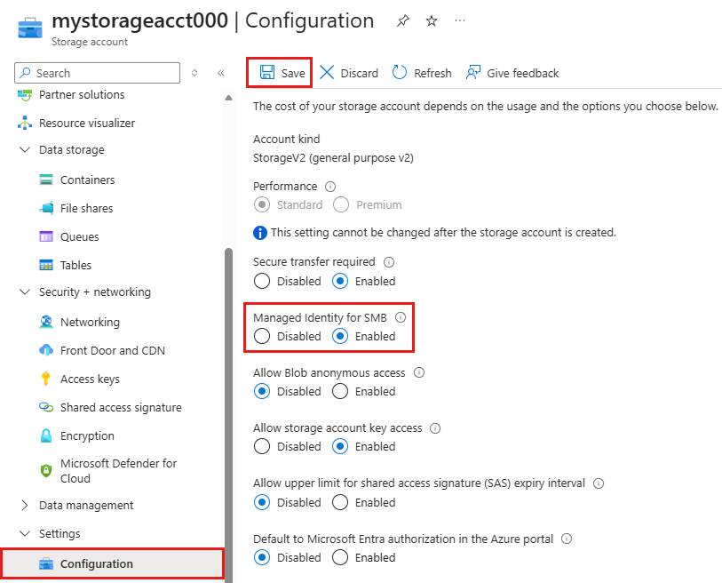 Skärmbild som visar hur du aktiverar en hanterad identitet för SMB på ett befintligt lagringskonto med hjälp av Azure-portalen.