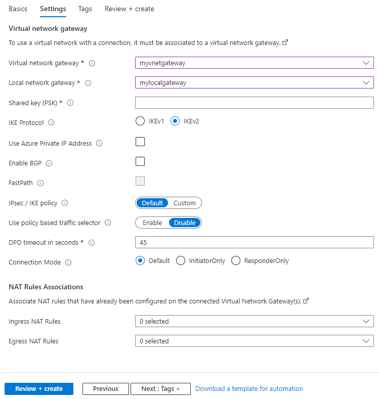 Skärmbild som visar hur du konfigurerar inställningarna för en PLATS-till-plats-VPN-anslutning med hjälp av Azure-portalen.