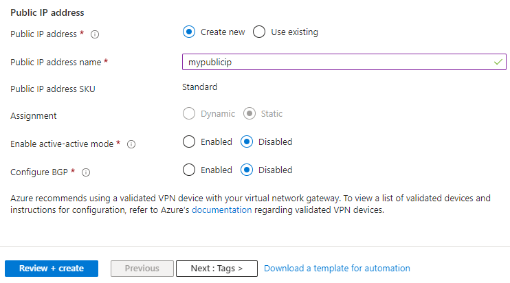 Skärmbild som visar hur du anger den offentliga IP-adressen för en virtuell nätverksgateway med hjälp av Azure-portalen.