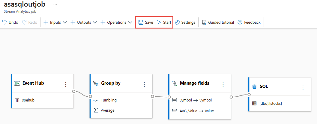 Skärmbild som visar alternativen Spara och Starta.