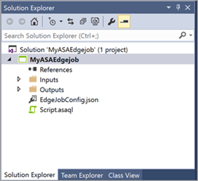 Skärmdump av Prieskumník riešení som visar mapphierarkin för ett Stream Analytics Edge-projekt i Visual Studio.