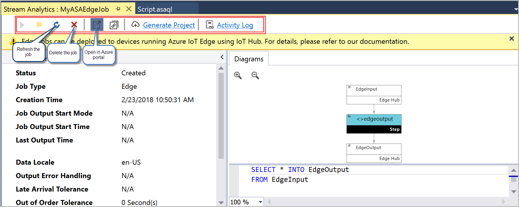 Skärmdump av jobbvyfönstret som visar jobbdiagrammet och andra alternativ i Visual Studio.