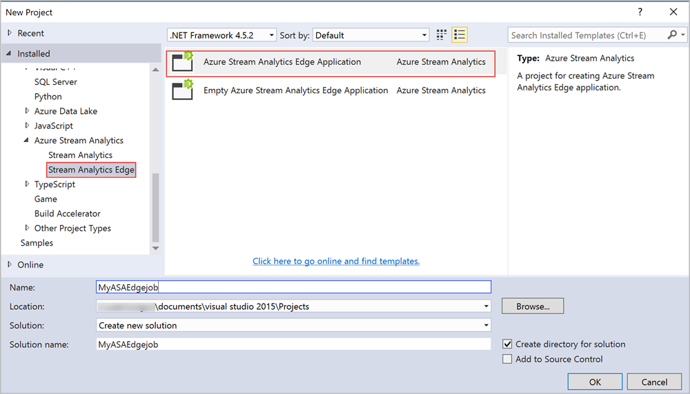 Skärmdump av dialogrutan New Project för att skapa en Azure Stream Analytics Edge-applikation i Visual Studio.
