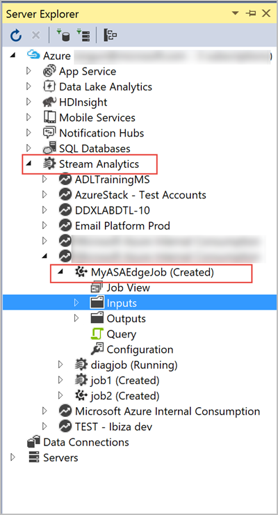 Skärmdump av Server Explorer som visar jobbhanteringsalternativ för ett Stream Analytics Edge-jobb.