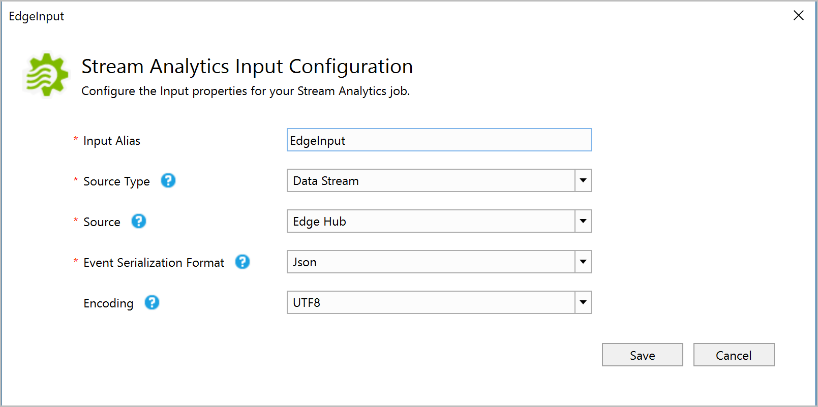 Skärmdump av Stream Analytics Edge Hubs inmatningskonfigurationsinställningar i Visual Studio.