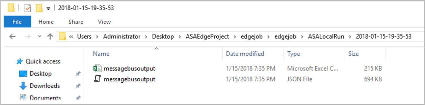 Skärmdump av Stream Analytics-jobbresultatmappen som visar lokal körutdata i Visual Studio.