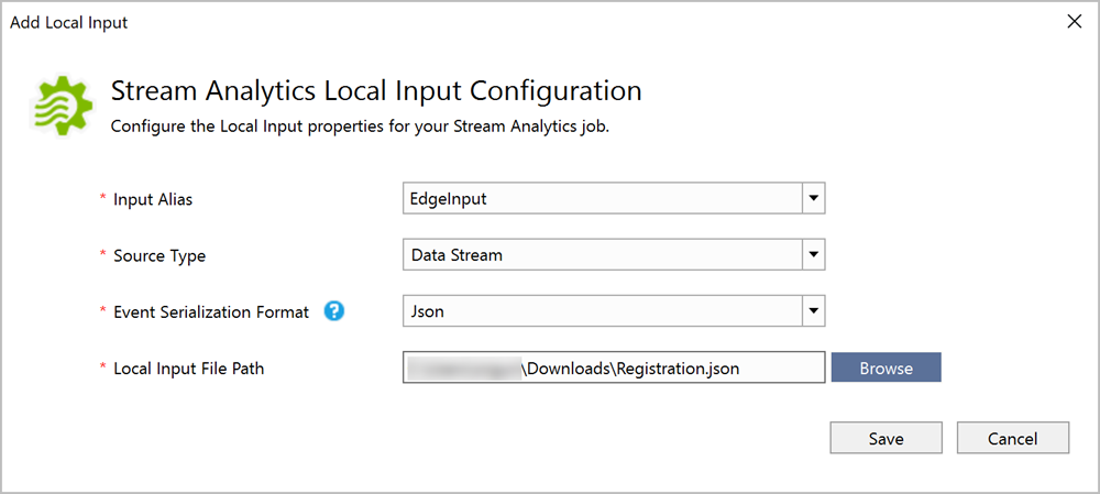 Skärmdump av den lokala inmatningskonfigurationen för uppladdning av exempeldata i Visual Studio.