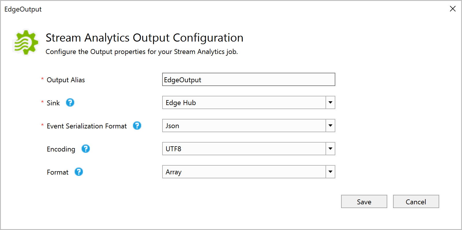 Skärmdump av Stream Analytics Edge Hubs utdatakonfigurationsinställningar i Visual Studio.