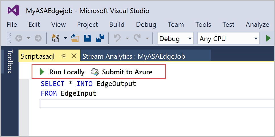 Skärmdump av alternativen för Stream Analytics-jobbkörning som visar Kör lokalt i Visual Studio.