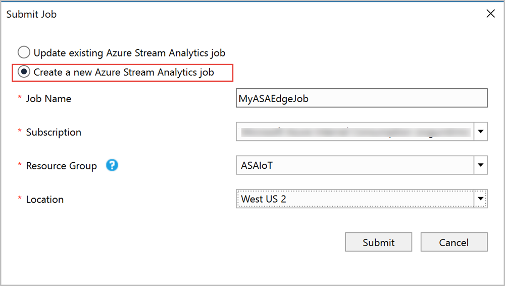 Skärmdump av dialogrutan för att skicka in ett Stream Analytics Edge-jobb till Azure från Visual Studio.