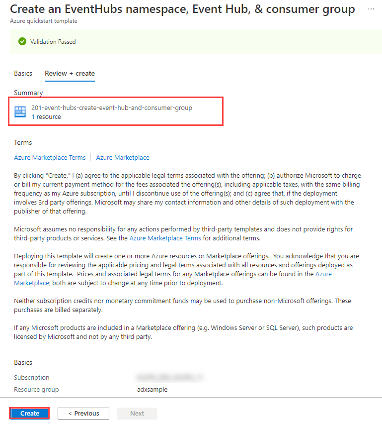 Screen shot of Azure portal for reviewing and creating Event Hub namespace, Event Hub, and consumer group.