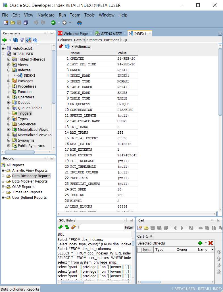 Skärmbild som visar hur du frågar efter systemkatalogtabeller och vyer i Oracle SQL Developer.