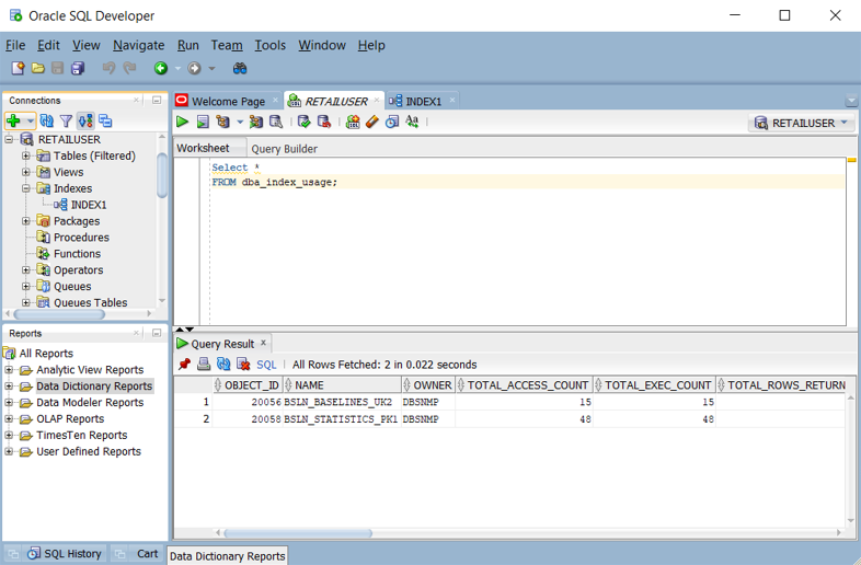 Skärmbild som visar hur du tar reda på vilka index som används i Oracle SQL Developer.