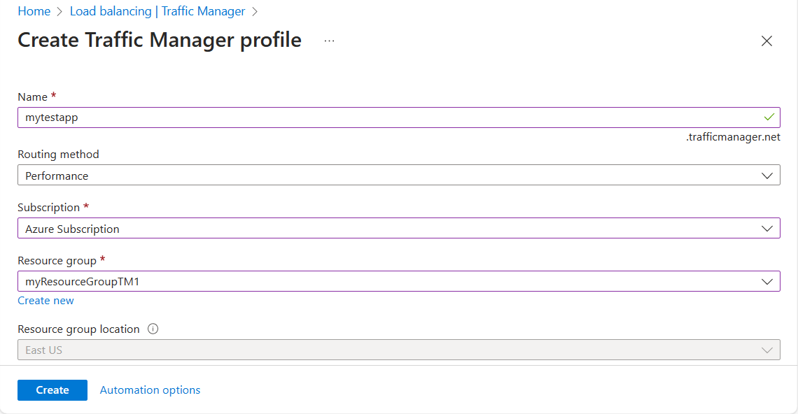 Skärmbild av att skapa en Traffic Manager-profil med prestandadirigering.