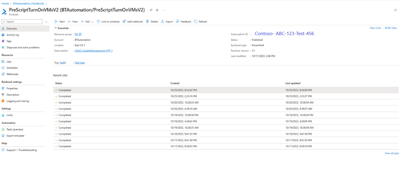 Screenshot that shows how to view the status of the Runbook job.