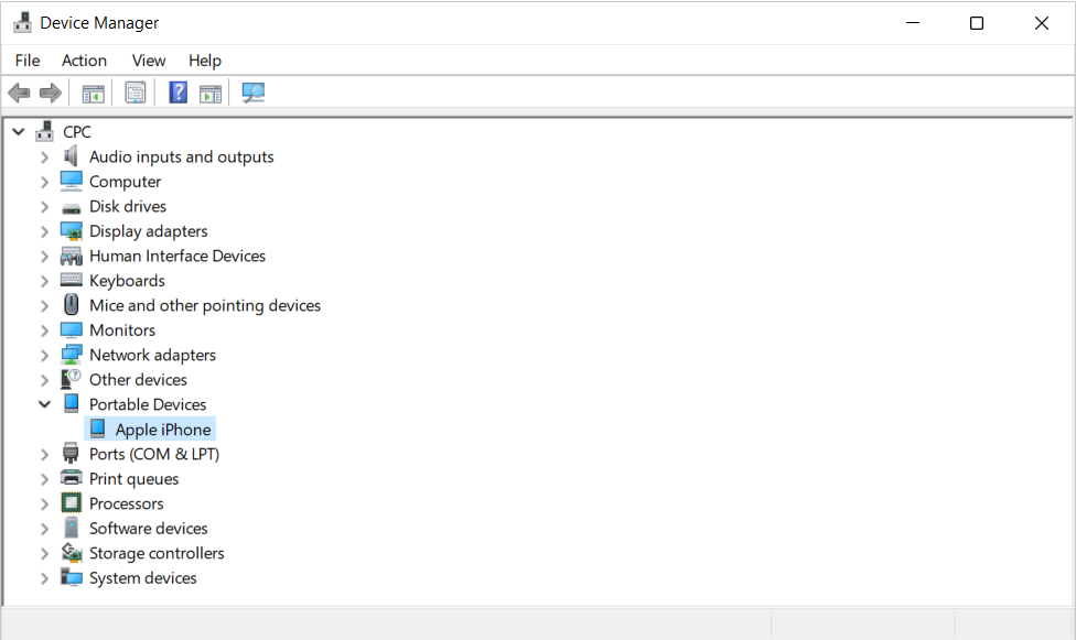 En skärmbild som visar bärbara enheter i Enhetshanteraren med USB-omdirigering.