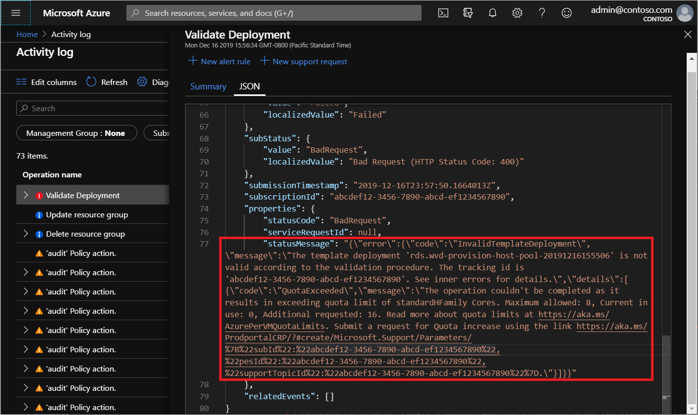 Skärmbild av misslyckad aktivitet med en röd ruta runt egenskapen statusMessage för JSON-texten.