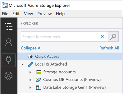 Skärmbild av Azure Storage Explorer som visar platsen för ikonen Anslut.