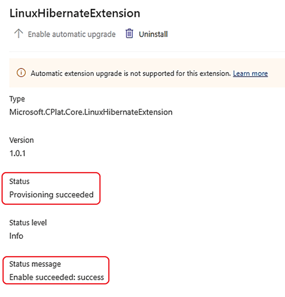 Skärmbild av status och statusmeddelande som rapporterar att etableringen har lyckats för en virtuell Linux-dator.