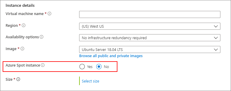 Skärmdump för att välja nej, använd inte en Azure-instans för oanvänd kapacitet