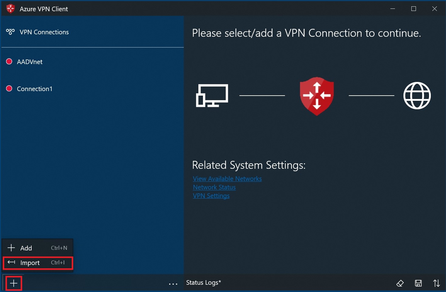 Screenshot shows Import selected from the plus menu.