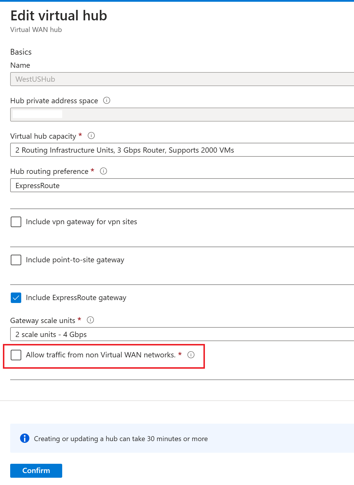 Azure Portal Skärmbild av Redigera virtuell hubb med ExpressRoute för att tillåta trafik från icke Virtual WAN-nätverk.