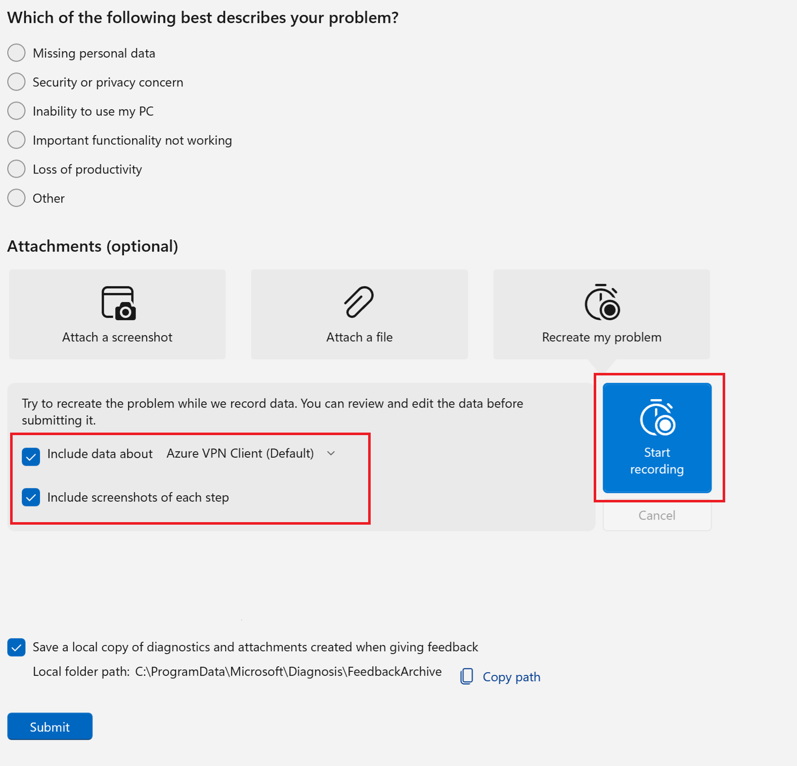 Skärmbild som visar startinspelningen av Azure VPN-klienten.