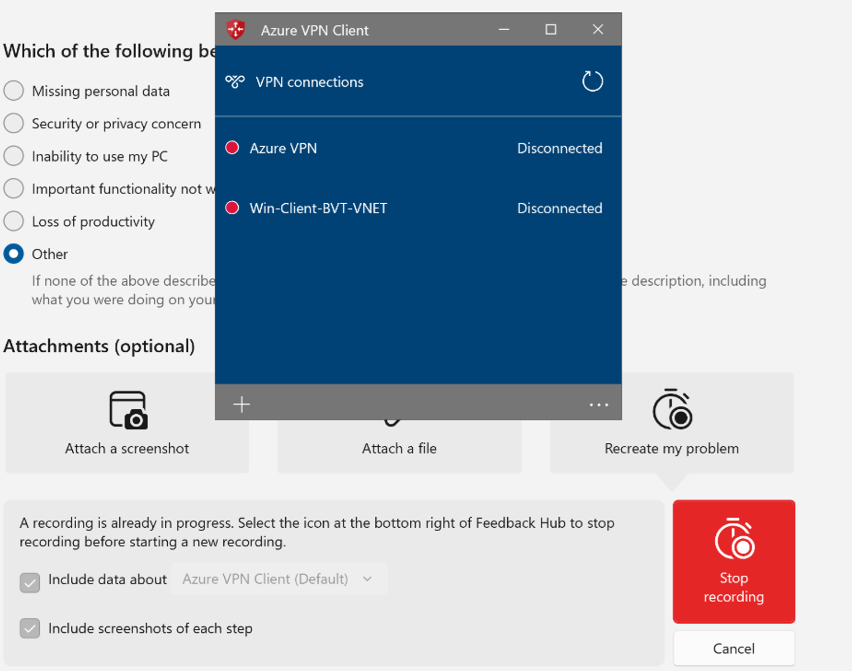 Skärmbild som visar azure VPN-klientinspelningen.