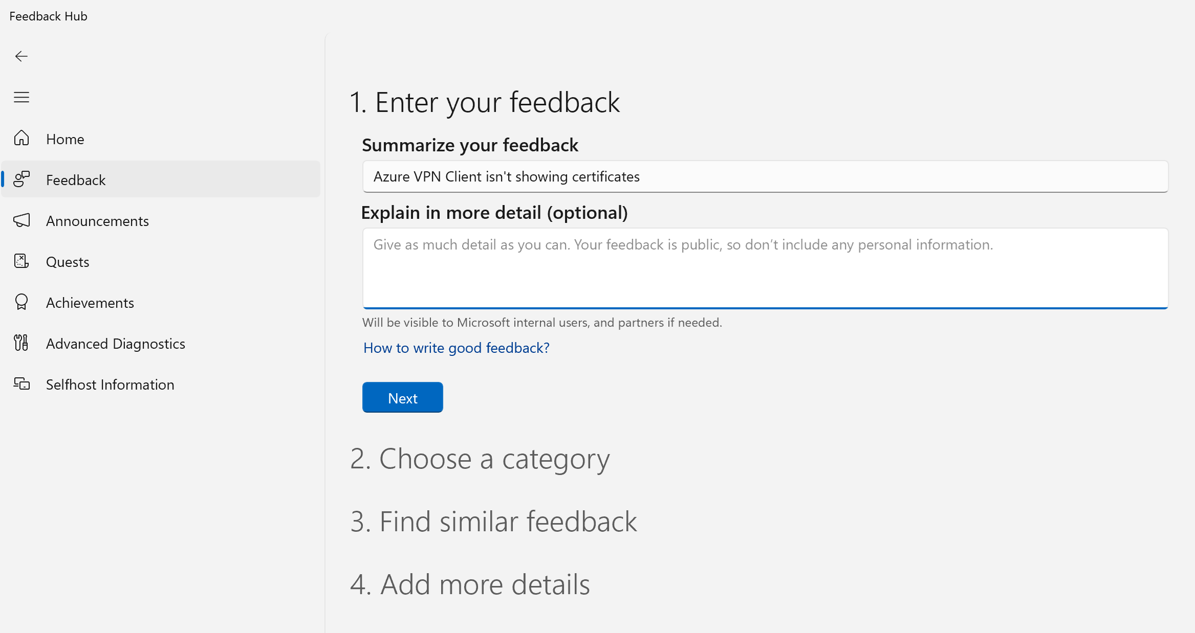 Skärmbild som visar fälten Ange feedback.