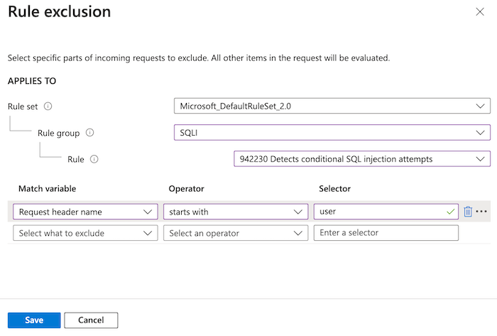 Skärmbild som visar Azure Portal som visar exkluderingskonfigurationen.