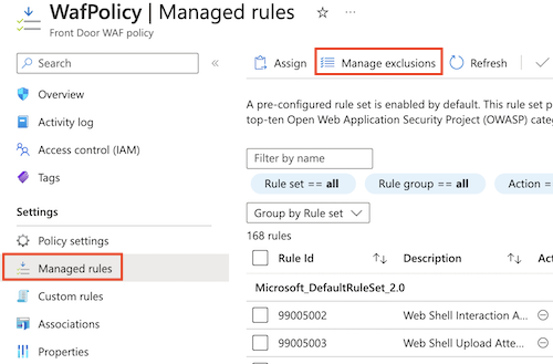 Skärmbild som visar Azure Portal som visar WAF-principens sida Hanterade regler med knappen Hantera undantag markerad.