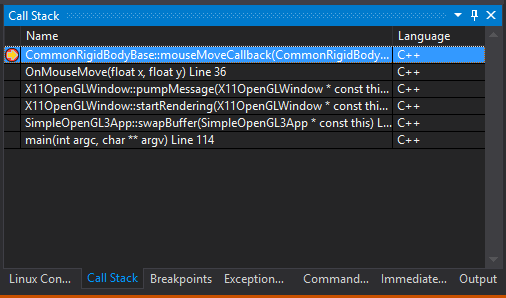 Anropsstacksfönstret för Visual Studio, som visar Linux-anropsstack.