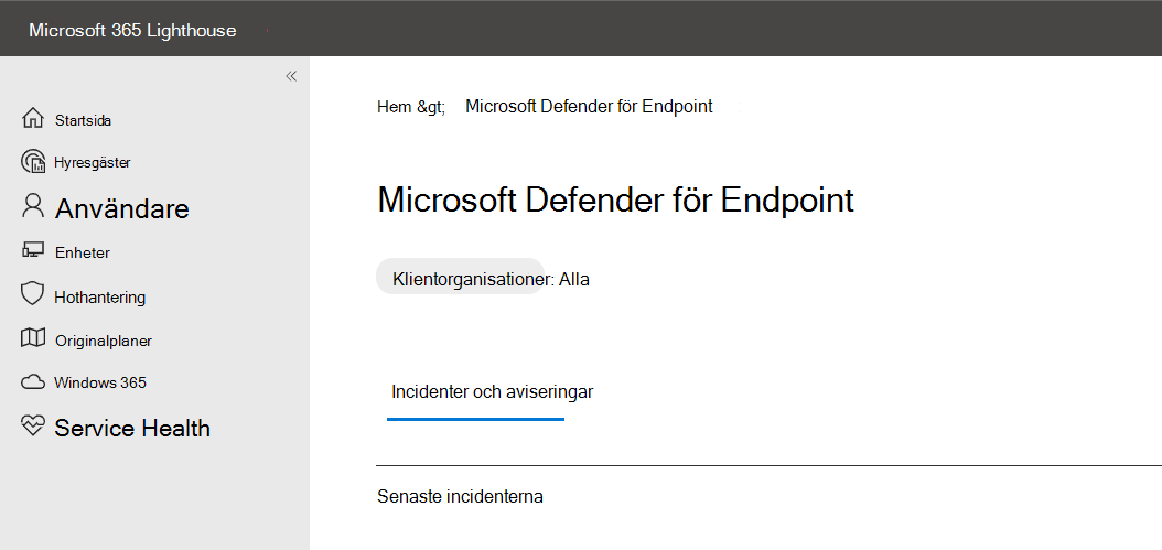 skärmbild av incidentlistan i Microsoft 365 Lighthouse