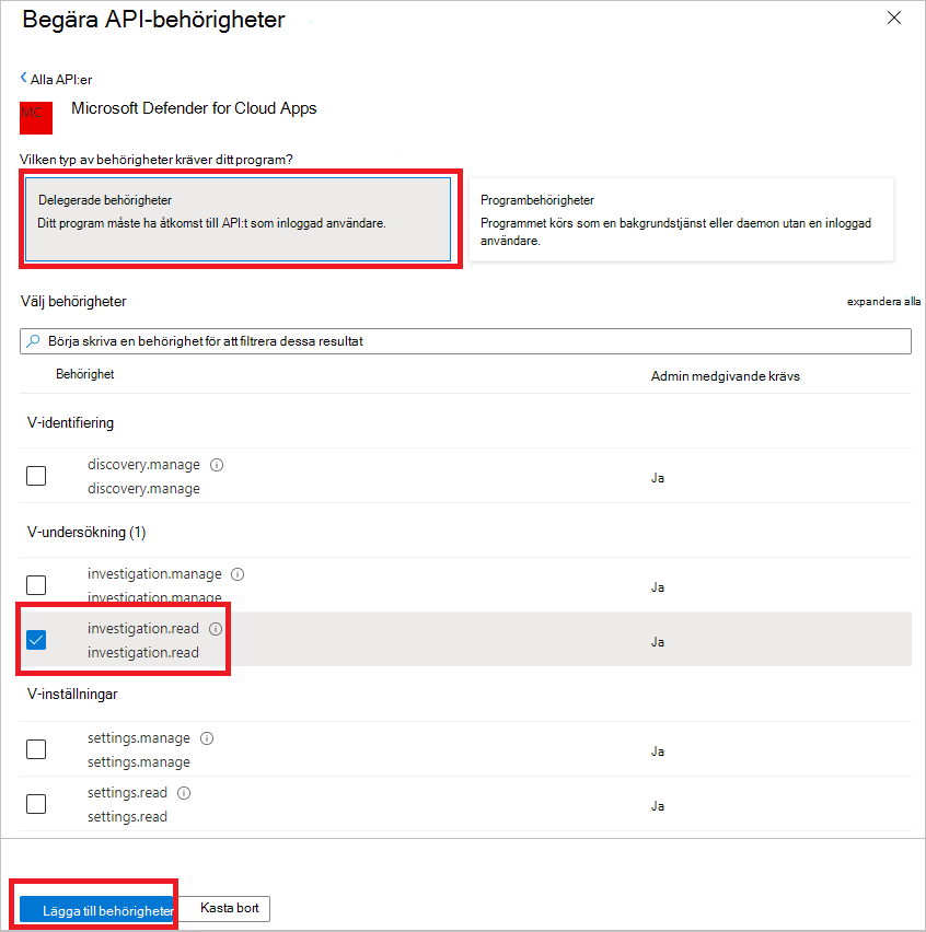 Skärmbild som visar hur du lägger till programbehörigheter.
