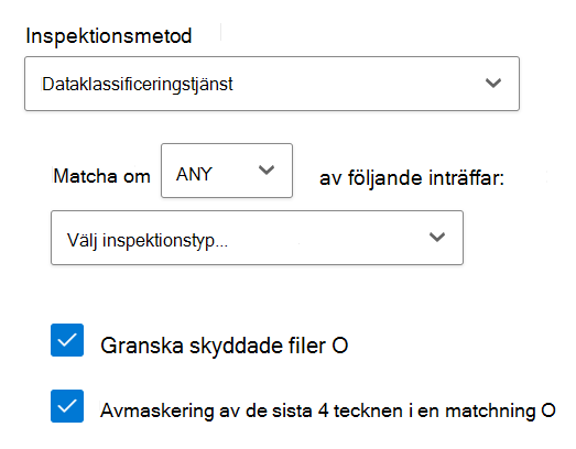 Skärmbild som visar inspektionsmetoden för dataklassificeringstjänsten.