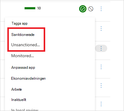 Skärmbild av snabbmenyalternativet för att markera en molnapp som sanktionerad i Microsoft Defender for Cloud Apps.
