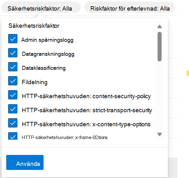 Skärmbild som visar filter för säkerhetsriskfaktorn